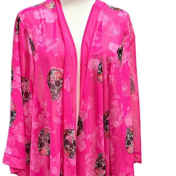 Torrid Open Kimono Womens Size 4X Pink Chiffon Gothic Skull Grunge Cardigan - Picture 5 of 11